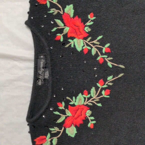 Vintage 90s Black Angora Silk Wool Floral Embroidered Whimsygoth Sweater Size S - Picture 2 of 5
